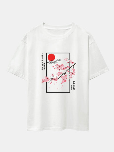 Cherry Blossom Slogan Print Drop Shoulder Oversize T-Shirt