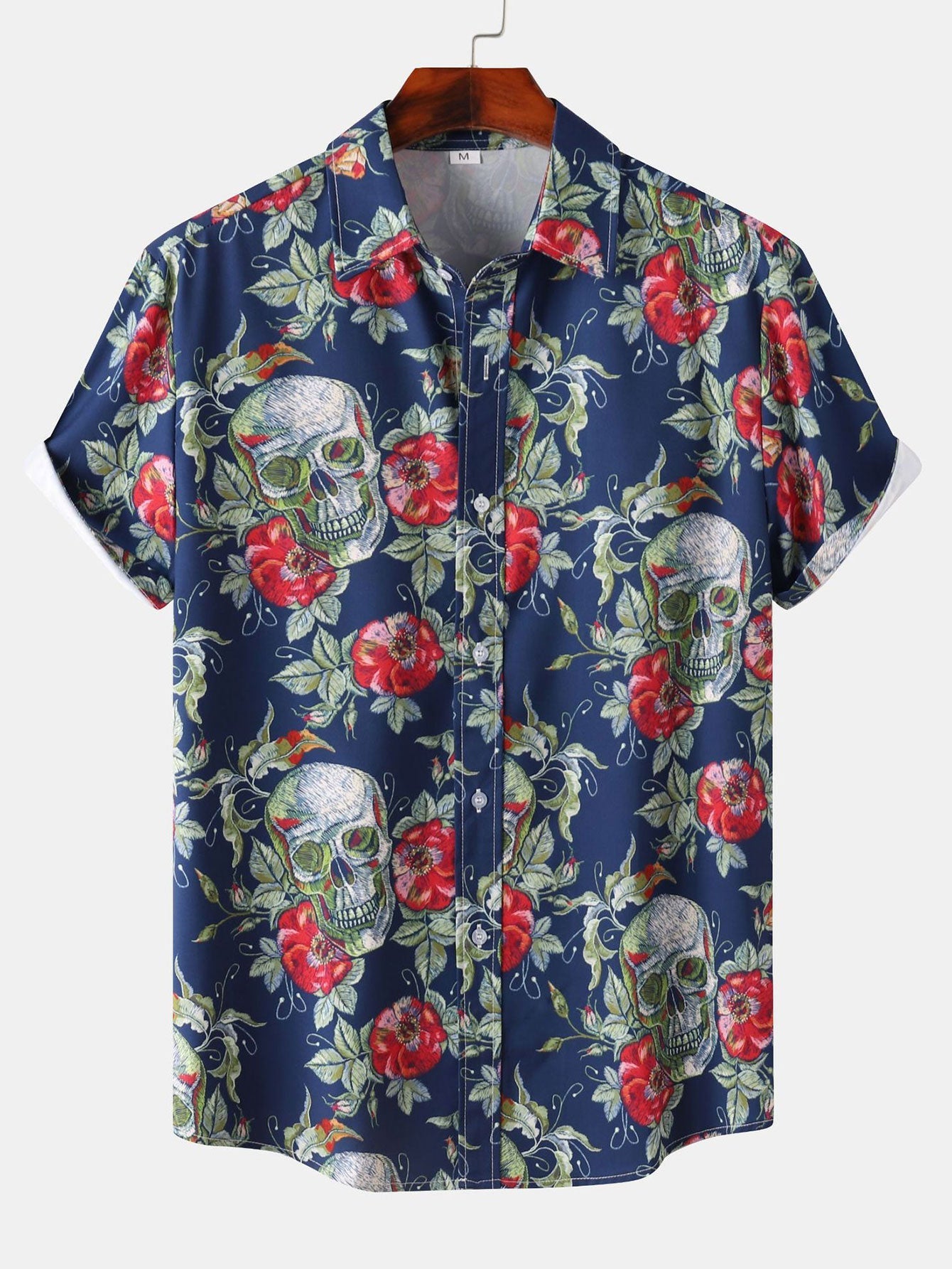Rose Skull Print Button Up Shirt
