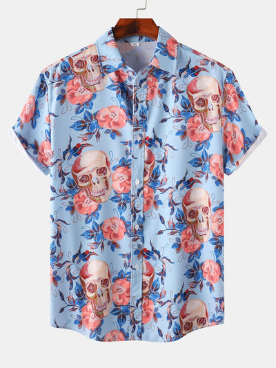Rose Skull Print Button Up Shirt