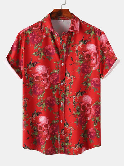 Rose Skull Print Button Up Shirt