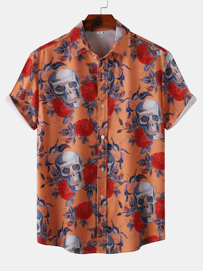 Rose Skull Print Button Up Shirt