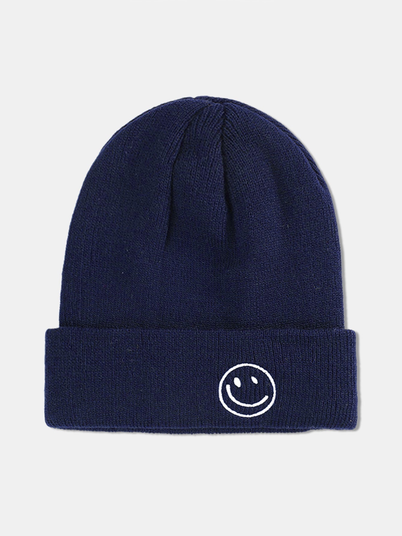 Smiling Embroidered Pattern Solid Color Cuffed Knitted Hat