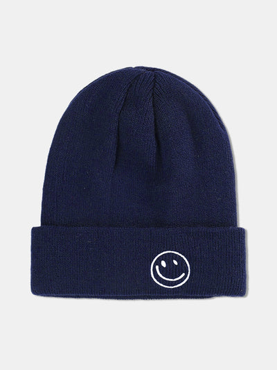 Smiling Embroidered Pattern Solid Color Cuffed Knitted Hat