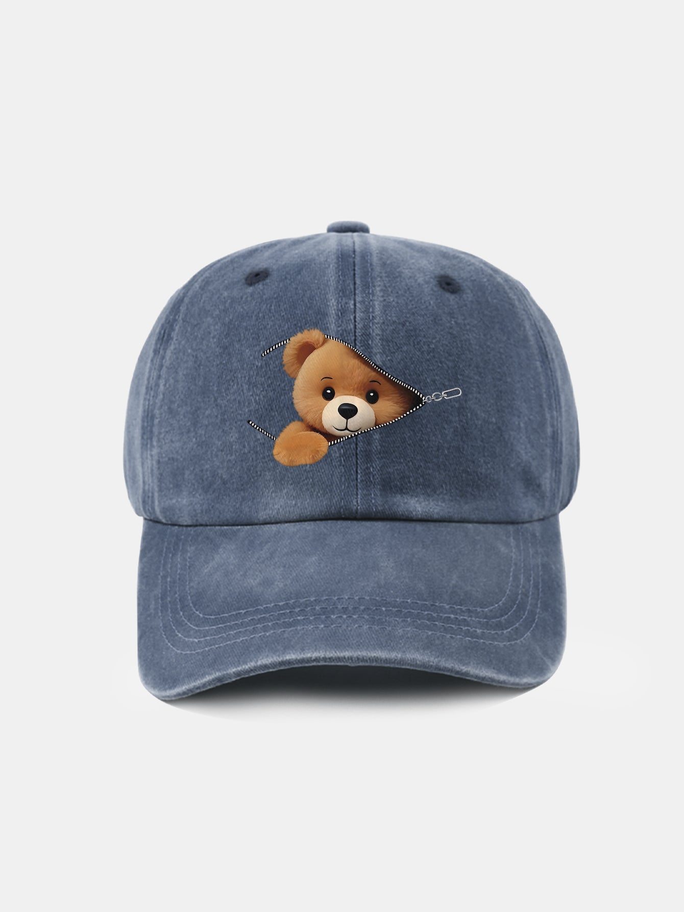 Zipper Bear Pattern Casual Washed Cotton Baseball Cap