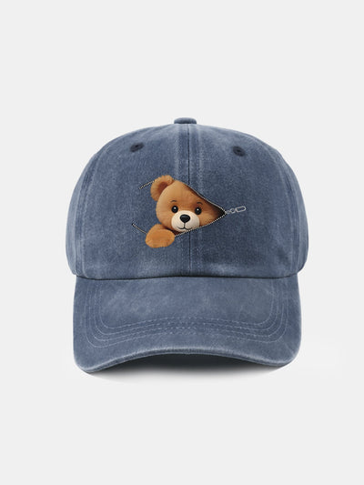 Zipper Bear Pattern Casual Washed Cotton Baseball Cap
