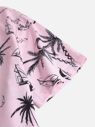 Palm Tree Sailboat Print Button Up Shirt