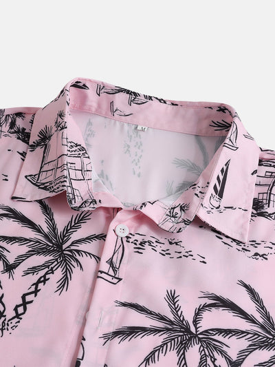 Palm Tree Sailboat Print Button Up Shirt