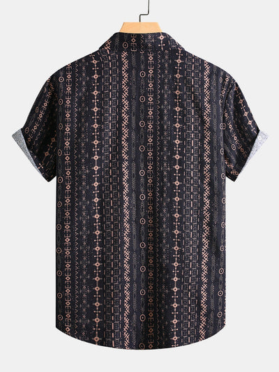 Linen Look Ethnic Geometric Print Button Up Shirt