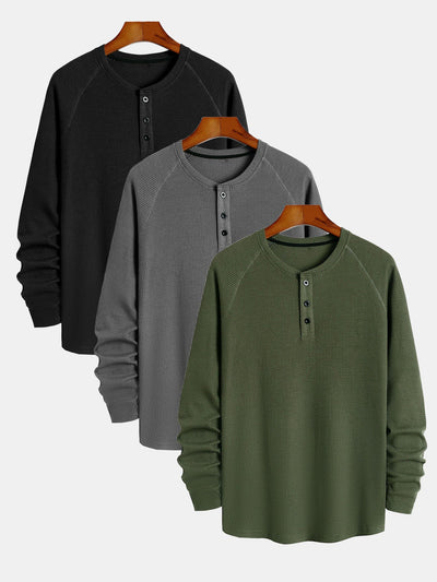 3 Pieces Long Sleeve Arc Hem Waffle Henley Shirt