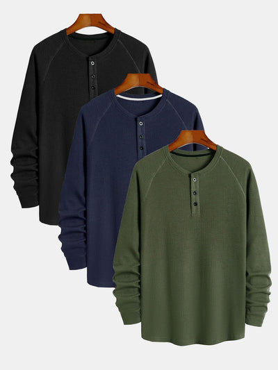 3 Pieces Long Sleeve Arc Hem Waffle Henley Shirt