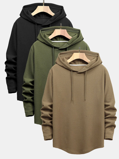 3 Pieces Long Sleeve Muscle Fit Ribbed Arc Hem Hooded T-Shirts