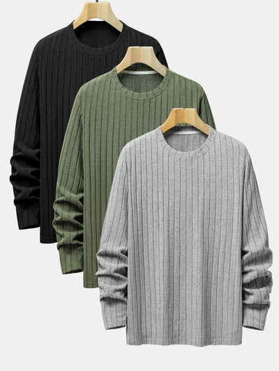 3 Pieces Long Sleeve Knit Ribbed T-Shirts