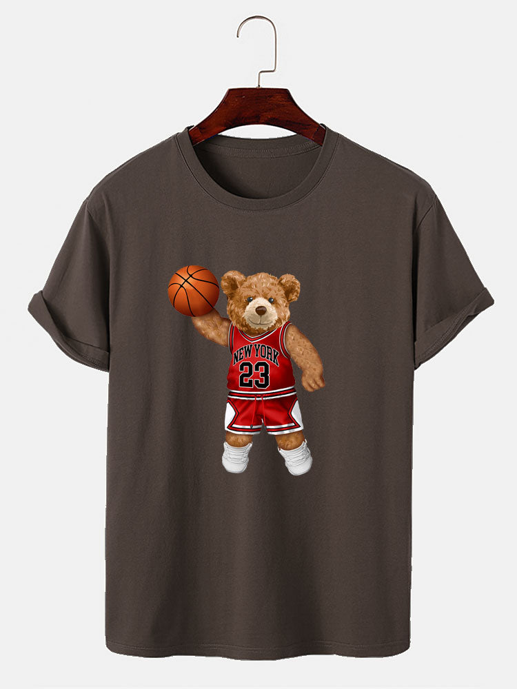 Bear Playing Basketball Print T-Shirt