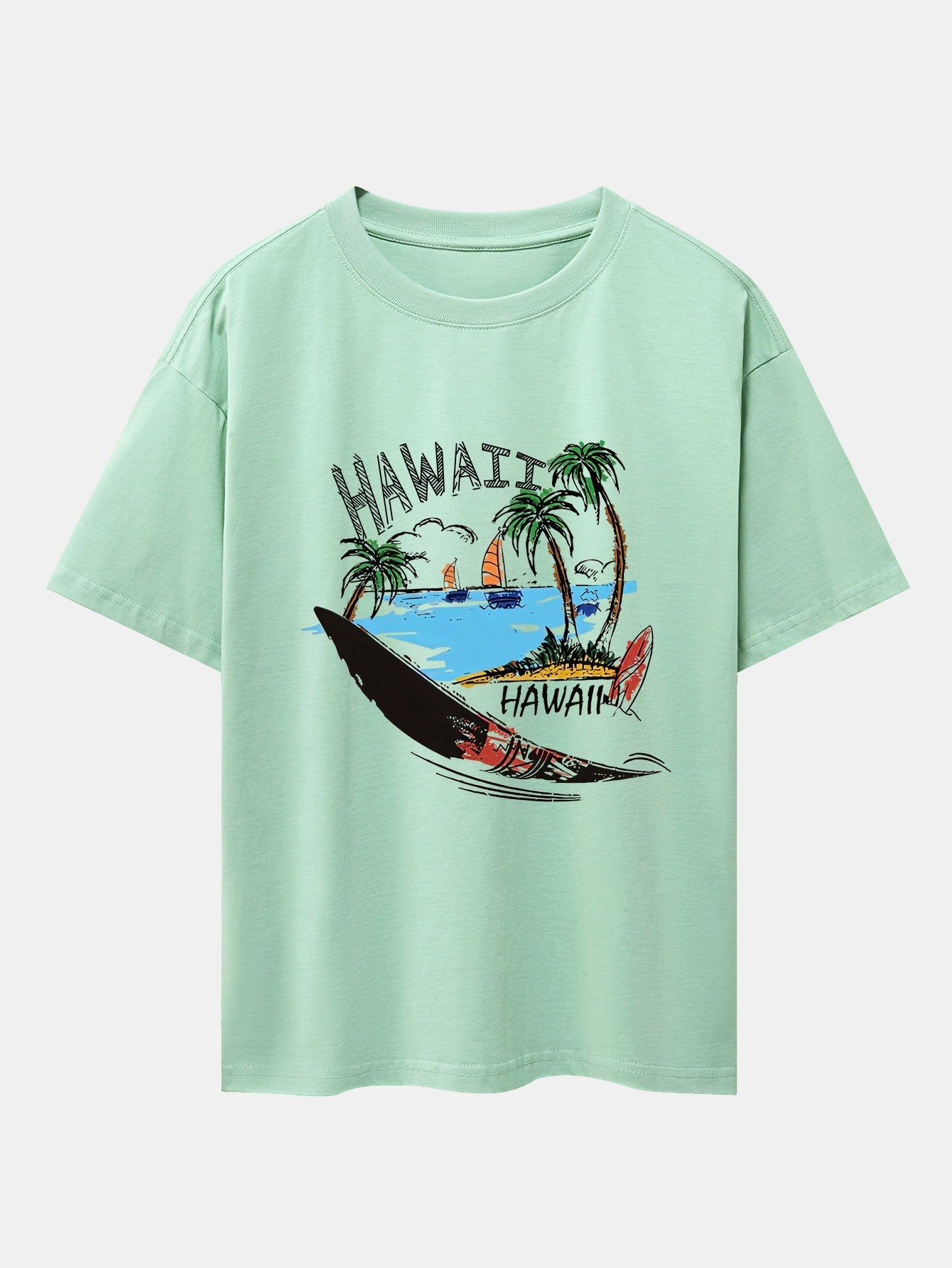 Hawaii Beach Print Drop Shoulder Oversize T-Shirt