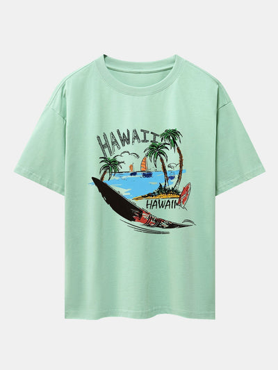 Hawaii Beach Print Drop Shoulder Oversize T-Shirt