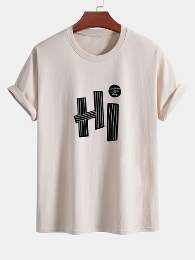 Regular Fit Hi Slogan Lines Print Cotton T-Shirt