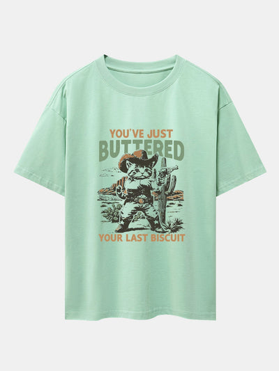 Cowboy Cat Print Drop Shoulder Oversize T-Shirt