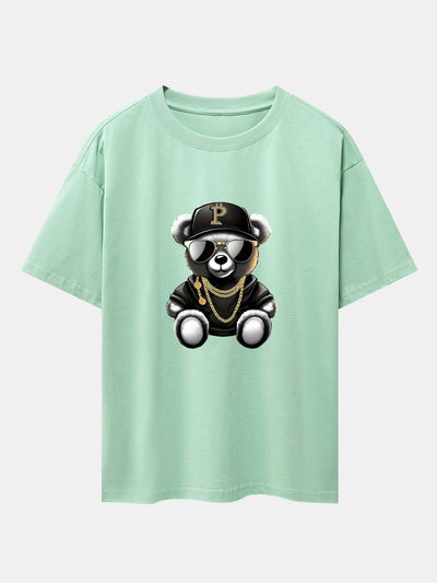 Hip Hop Bear Print Drop Shoulder Oversize T-Shirt