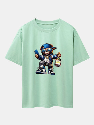 Hip Hop Bear Print Drop Shoulder Oversize T-Shirt