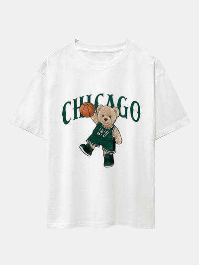 Chicago Basketball Bear Print Drop Shoulder Oversize T-Shirt