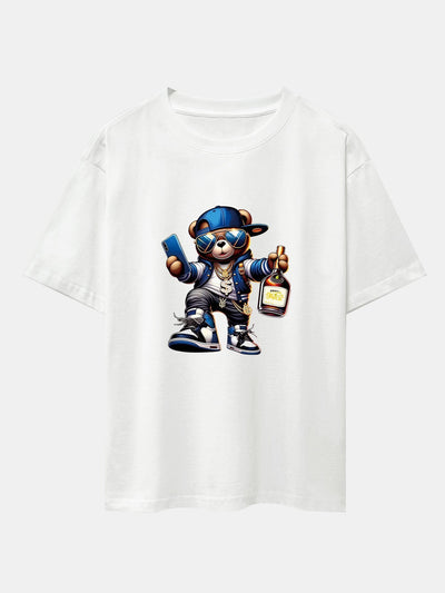 Hip Hop Bear Print Drop Shoulder Oversize T-Shirt