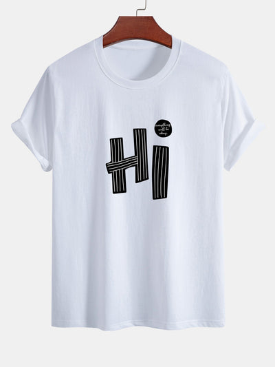 Regular Fit Hi Slogan Lines Print Cotton T-Shirt