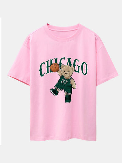 Chicago Basketball Bear Print Drop Shoulder Oversize T-Shirt
