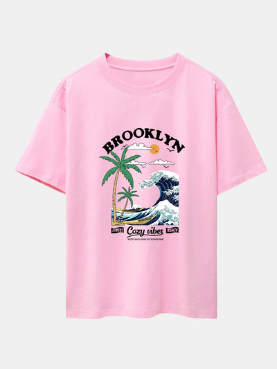 Beach Waves Print Drop Shoulder Oversize T-Shirt