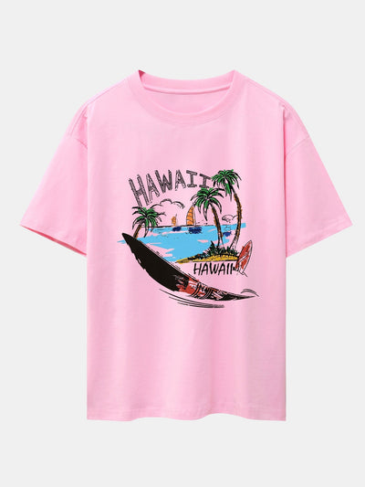 Hawaii Beach Print Drop Shoulder Oversize T-Shirt