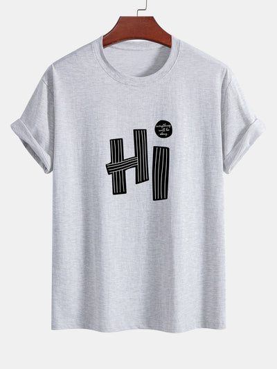 Regular Fit Hi Slogan Lines Print Cotton T-Shirt