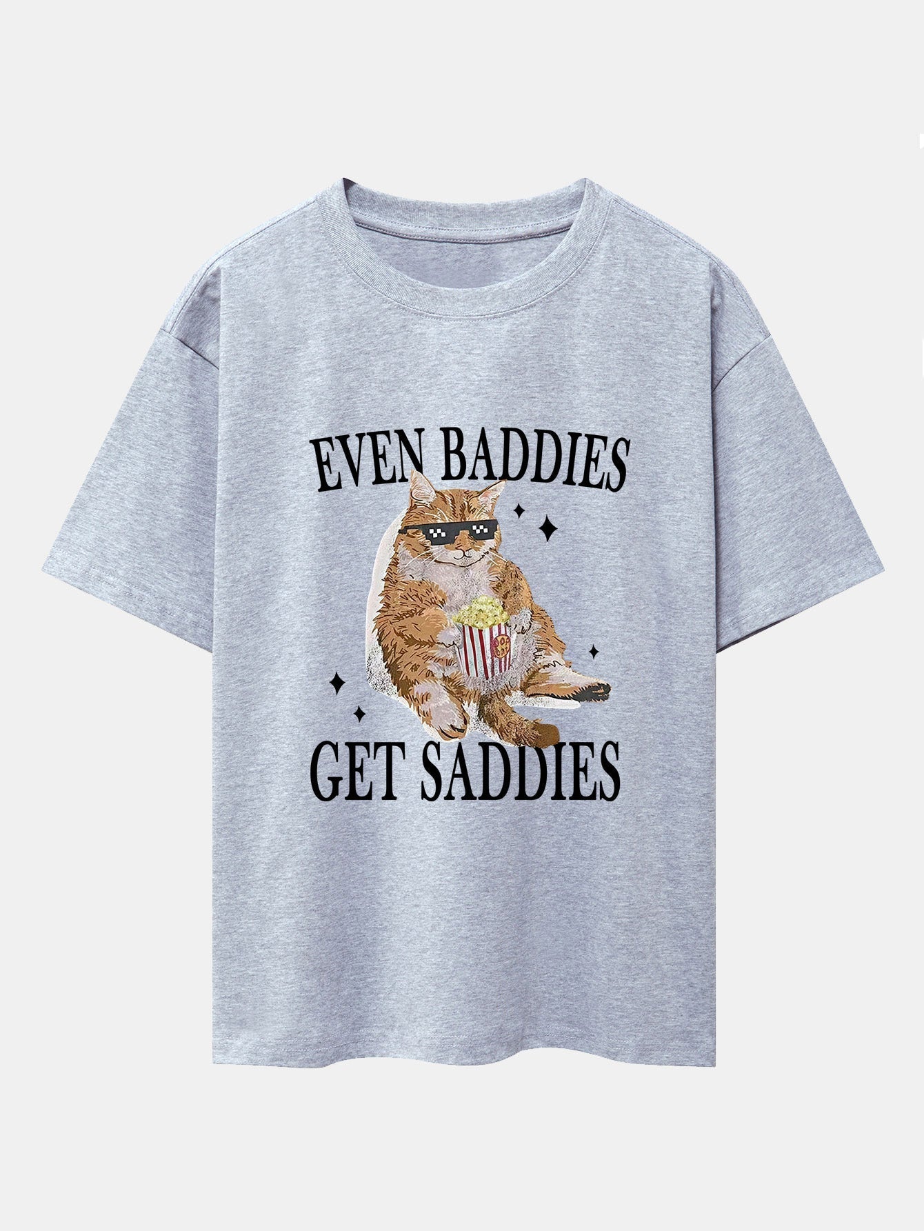 Even Baddies Get Saddies Cat Print Drop Shoulder Oversize T-Shirt