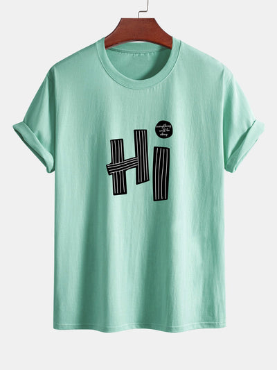 Regular Fit Hi Slogan Lines Print Cotton T-Shirt
