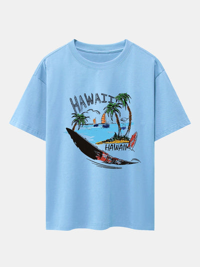 Hawaii Beach Print Drop Shoulder Oversize T-Shirt