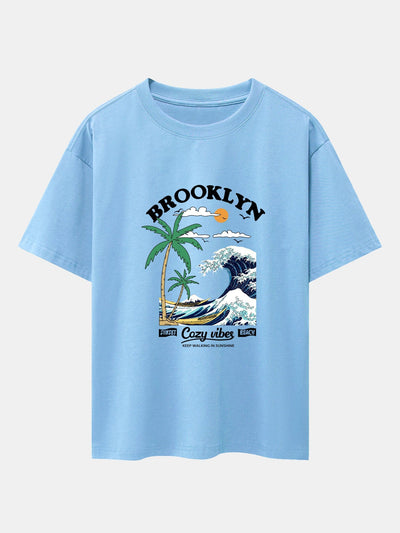 Beach Waves Print Drop Shoulder Oversize T-Shirt