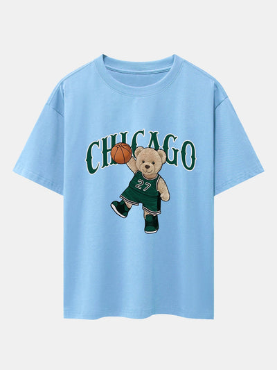 Chicago Basketball Bear Print Drop Shoulder Oversize T-Shirt