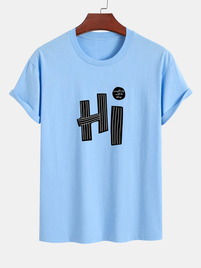 Regular Fit Hi Slogan Lines Print Cotton T-Shirt