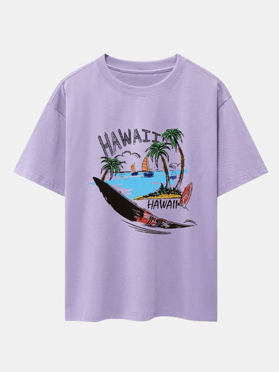 Hawaii Beach Print Drop Shoulder Oversize T-Shirt
