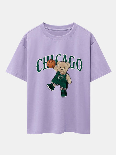 Chicago Basketball Bear Print Drop Shoulder Oversize T-Shirt