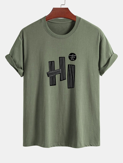 Regular Fit Hi Slogan Lines Print Cotton T-Shirt