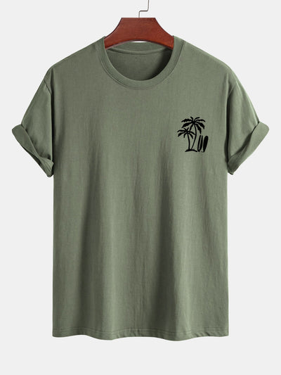 Regular Fit Palm Tree Surfboard Print Cotton T-Shirt