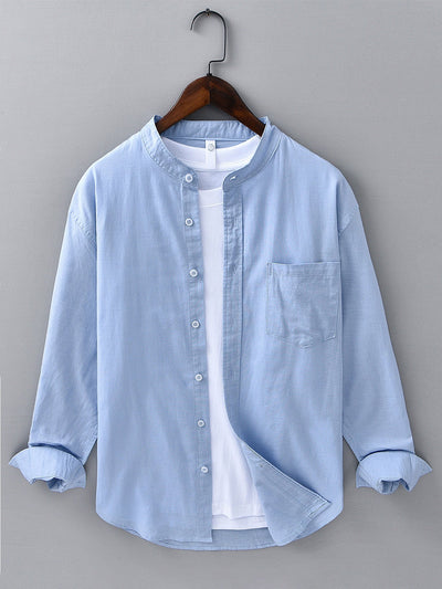 Long Sleeve Linen Cotton Stand Collar Shirt With Pocket