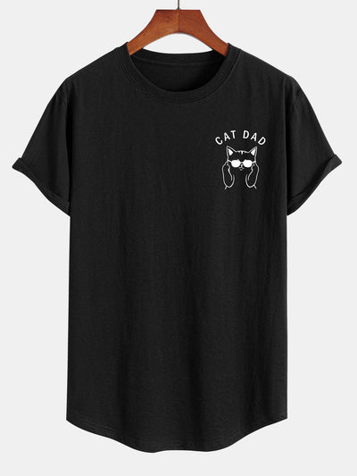 Cat Dad Print Cotton Arc Hem T-Shirt