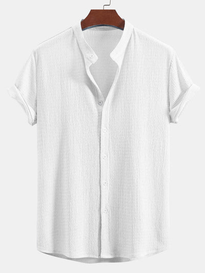 Muscle Fit Wrinkled Textured Stand Collar Shirt