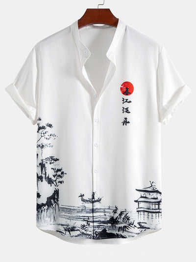Ink Landscape Painting Stand Collar Shirt