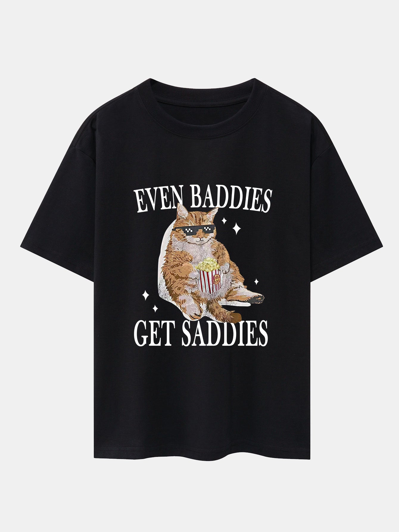Even Baddies Get Saddies Cat Print Drop Shoulder Oversize T-Shirt