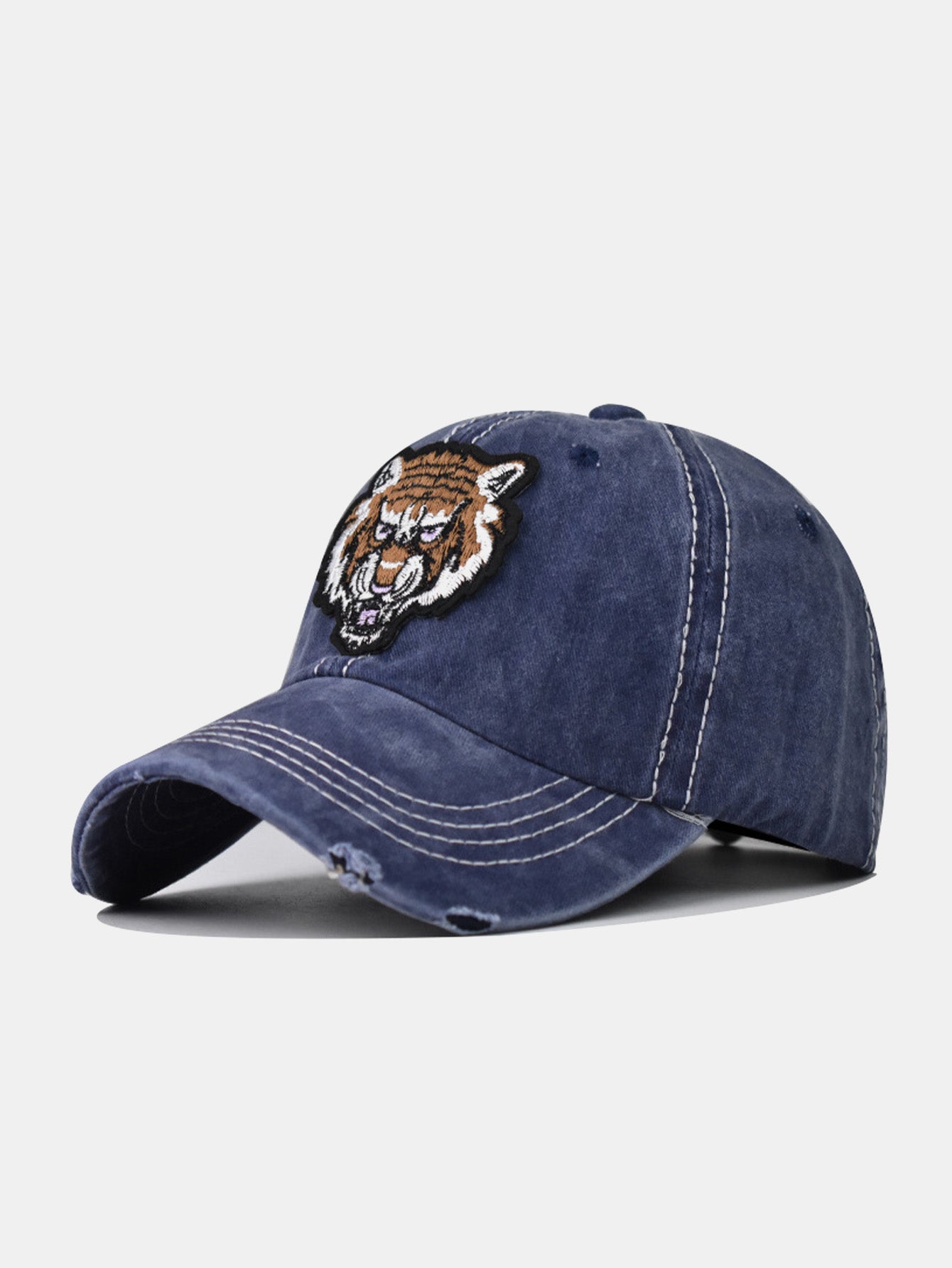 Street Fashion Tiger Embroidery Washed Distressed Baseball Cap