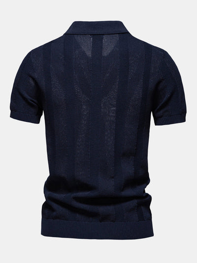 Stripe Hollow Knit V Neck Polo Shirt