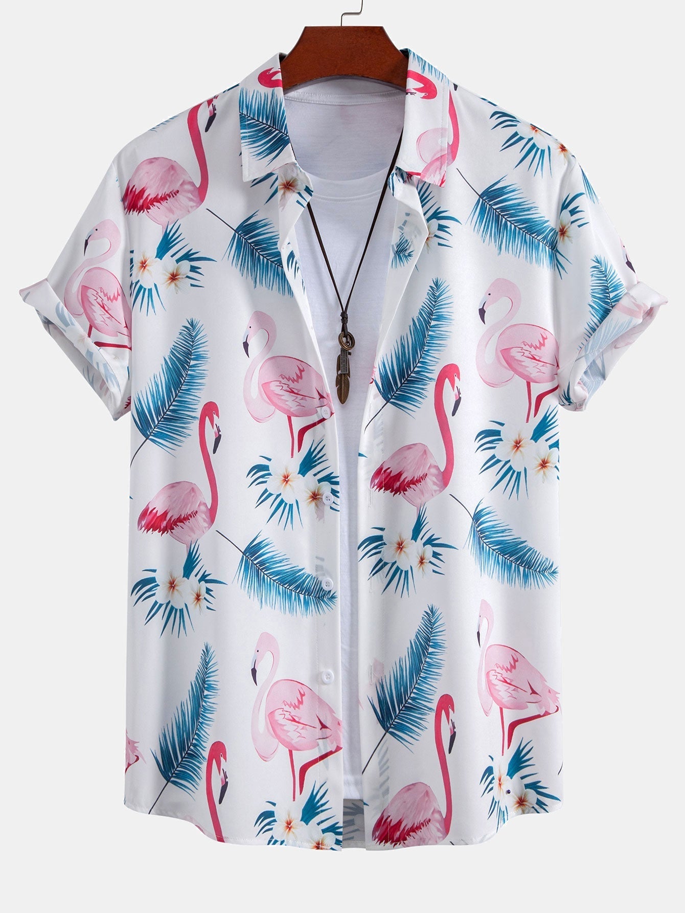 Flamingo Leaf Print Button Up Shirt