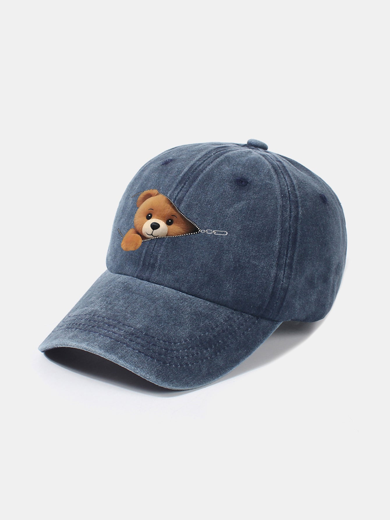 Zipper Bear Pattern Casual Washed Cotton Baseball Cap