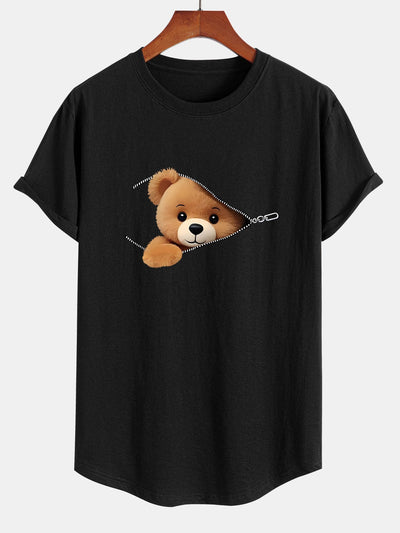 Zipper Bear Print Cotton Arc Hem T-Shirt